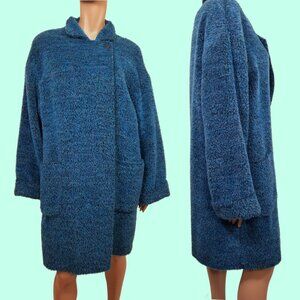 Vintage 80s Wool Mohair Alpaca Coat Fluffy Shaggy Vibrant Blue Mid Length Size M